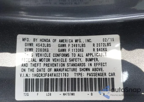 2015 Honda Accord Ex-L V-6 from USA, damaged, VIN 1HGCR3F84FA021763